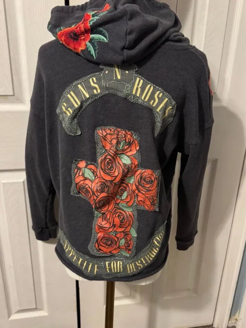 Guns & Roses Upcycled  Cropped Hooded Embroidered Sweatshirt Size Small